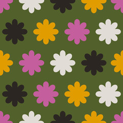 Fototapeta na wymiar Simple and colorful pattern with geometrical flowers. Abstract seamless floral texture.