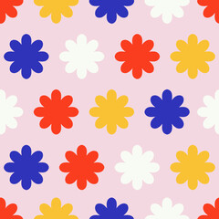 Simple and colorful pattern with geometrical flowers. Abstract seamless floral texture.