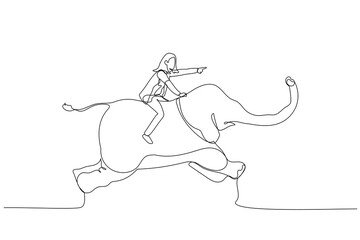 Illustration of businesswoman riding on elephant concept of big business organization. Continuous line art