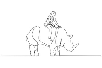Drawing of businesswoman riding on big rhino concept of fearless manager and leader. One line style art