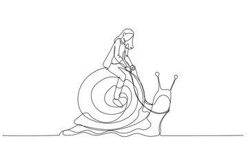 Cartoon of businesswoman riding snail concept of slow business development. Single continuous line art