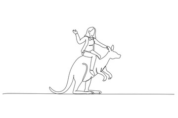 Cartoon of businesswoman riding kangaroo with suicase metaphor of manager with courage and brave. Continuous line art style