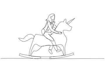 Illustration of businesswoman riding unicorn horse. Concept of startup up business and creative idea. Continuous line art style