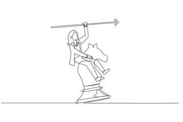 Cartoon of businesswoman riding chess horse metaphor for business fighting and strategy. One continuous line art style