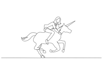 Drawing of businesswoman riding unicorn ready to expand to new area. Single line art style