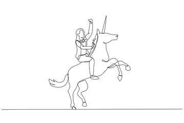 Fototapeta na wymiar Cartoon of businesswoman riding a unicorn and having billion dollar valuation company. Single continuous line art style