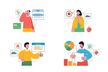 Planning financial budget set concept with people scene in the flat cartoon style. Economists and financial workers plans money for different needs. Vector illustration.