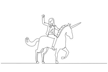 Drawing of businesswoman riding a unicorn with the horse only standing on three foot. One line art style