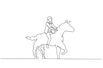 Fototapeta na wymiar Drawing of businesswoman riding white cloud horse metaphor of management idea. Single line art style