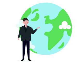 笑顔のビジネスマンと地球儀。エコと自然。ベクターイラスト