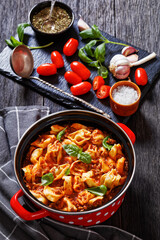 tortellini in ground beef tomato sauce, top view