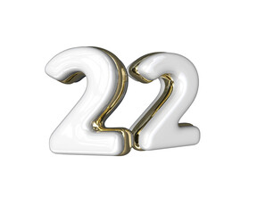Realistic Number 22 3D render with Gold and white colors