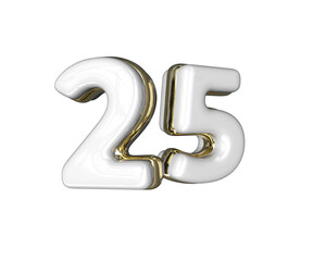 Realistic Number 25 3D render with Gold and white colors
