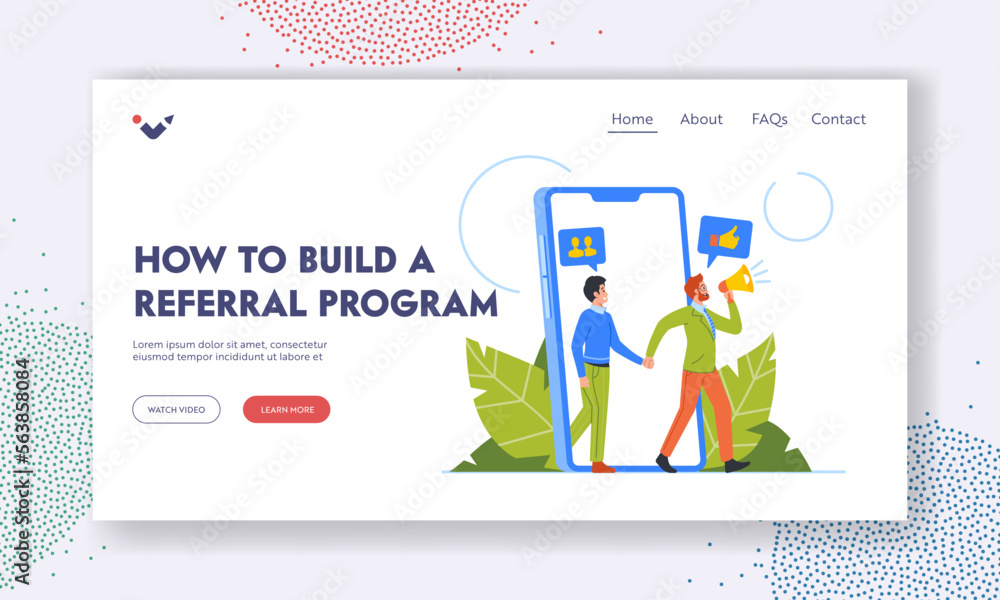 Poster how to build referral program landing page template. refer a friend concept with male character lead