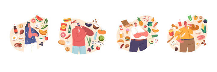 Obraz premium Food Choice Concept With Male And Female Characters Choose Between Healthy And Unhealthy Meals. Products Priorities