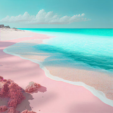 Pastel pink creative Summer concept of seashore during a sunny vacation. Sand and sea. Tropical landscape. Illustration, Generative AI.