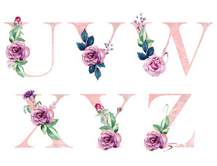 Watercolor floral alphabet for wedding invitations, greeting card, birthday, logo, poster and other.