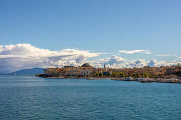 Panorama Corfu town from the sea. Old town buildings of Kerkyra island