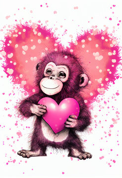 Happy monkey with hearts around. Valentine's Day. AI generated