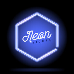 Neon blue hexagon background. Vector illustration. Neon light bulb lamp