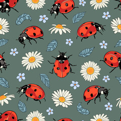 Cartoon ladybug and daisy flowers seamless pattern. Graphic pattern for fabric or textile. © Natalie