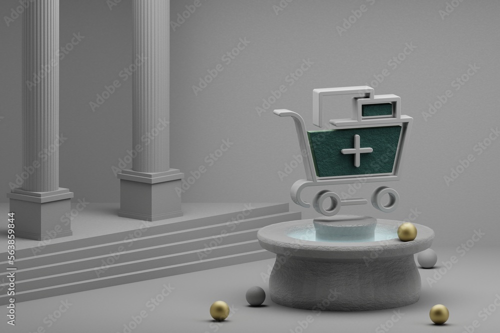Poster Beautiful abstract illustrations Shopping Cart Plus symbol icon on a fountain and column background. 3d rendering illustration. Online Shopping.