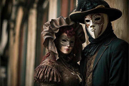 Generative AI photography portrait of couple with masks and typical costume of carnival venice, background of the city of venice