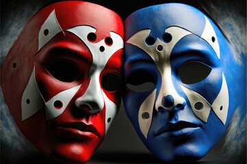 Generative AI illustration of red and blue carnival masks, white studio background