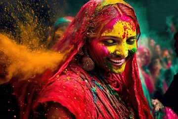 Indische Frau mit farbigem Puder bestäubt, India Holi Festival - ai generated - obrazy, fototapety, plakaty
