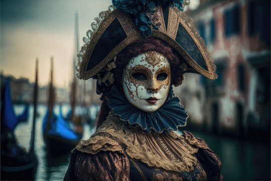 Generative AI photography portrait of person with mask and typical costume of carnival venice, background of the city of venice