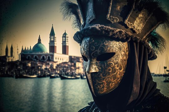 Generative AI photography portrait of person with venetian mask, background of the city of venice