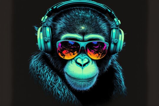 Cool neon party dj monkey in headphones and sunglasses. Generative AI