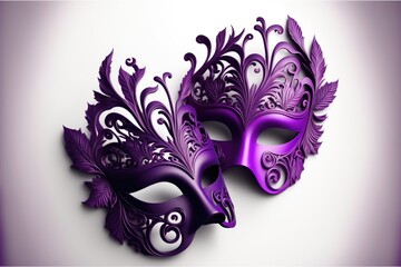 Generative AI illustration of purple carnival masks, white studio background - obrazy, fototapety, plakaty