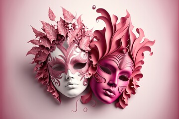Generative AI illustration of pink carnival masks, white studio background - obrazy, fototapety, plakaty