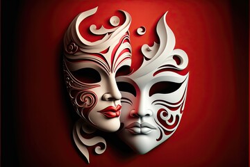 Generative AI illustration of red carnival masks, white studio background - obrazy, fototapety, plakaty