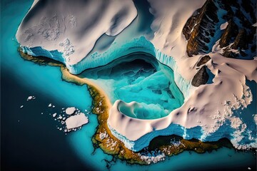 Generative AI photograph of the north pole melting, ice and sea seen from the air