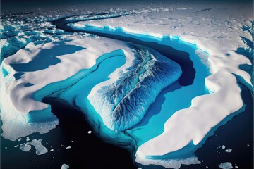 Generative AI photograph of the north pole melting, ice and sea seen from the air - obrazy, fototapety, plakaty