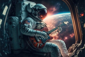 Obraz premium astronaut in space playing guitar made with generative ai