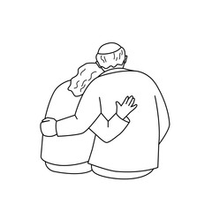 Elderly man and woman sitting embracing. Vector isolated illustration in outline style