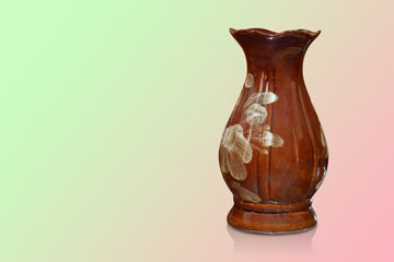 antique brown pottery vase on isolated on gradient green and pink background, object, decor, home, house, fashion, motion, copy space