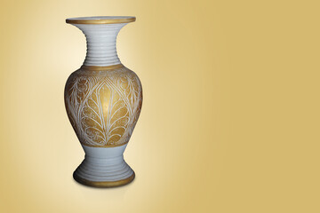 antique large white and gold pottery vase on gradient yellow and gold background, object, flower, modern, vintage, copy space