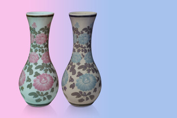 antique two small white pottery vase on gradient pink and purple background, object, ancient, decor, home, house, vintage, copy space