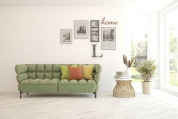White living room with sofa. Scandinavian interior design. 3D illustration