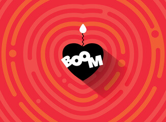 Exploding heart with a fuse and fire. Valentine's card in cartoon comic style. Text BOOM. Hot love Vector illustration. Abstract red explosive circles, flat round shapes. Сoncentric pattern banner
