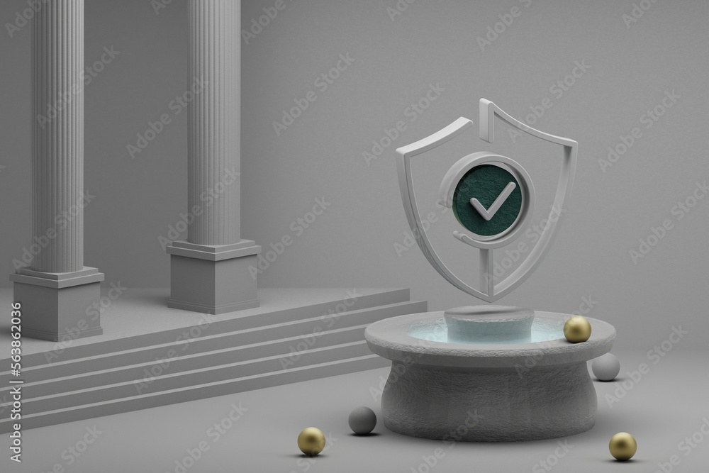 Poster beautiful abstract illustrations security shield symbol icon on a fountain and column background. 3d