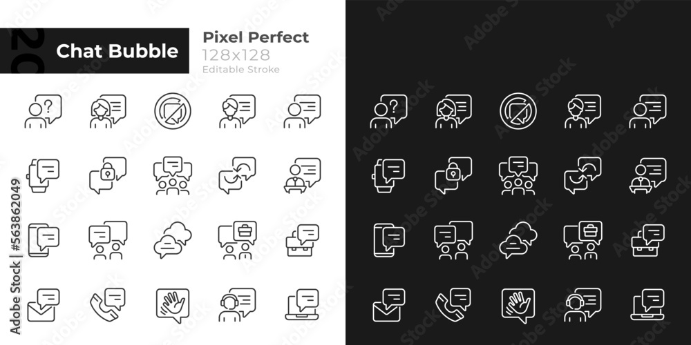 Poster chat bubble pixel perfect linear icons set for dark, light mode. communication with speech balloons.