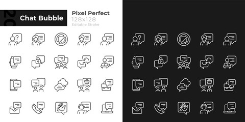 Chat bubble pixel perfect linear icons set for dark, light mode. Communication with speech balloons. Visualization. Thin line symbols for night, day theme. Isolated illustrations. Editable stroke