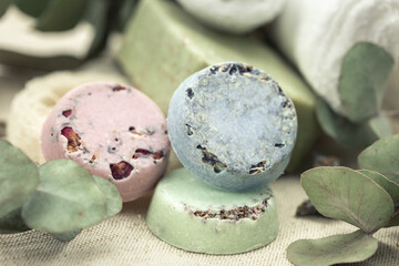 Close-up, multicolored handmade soap on a blurred background.