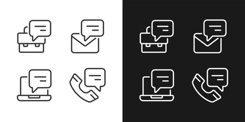 Chat balloons in corporate communication pixel perfect linear icons set for dark, light mode. Business conversations. Thin line symbols for night, day theme. Isolated illustrations. Editable stroke