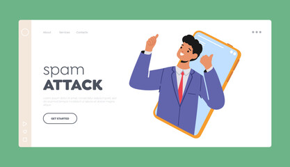 Spam Attack Landing Page Template. Business Man Character Showing Thumb Up on Smartphone Screen
